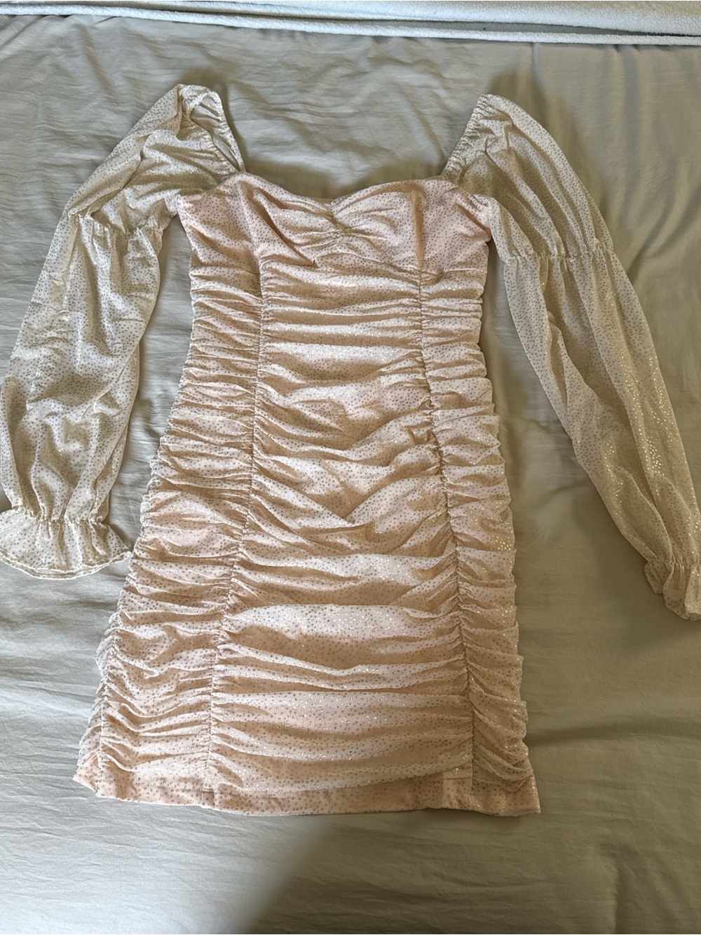 BCBGeneration Blush Pink Ruched Sweetheart Mini Dress with Sheer Long Sleeves